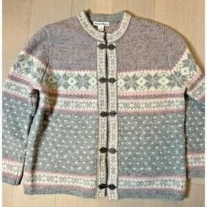 100% Wool Fair Isle Cardigan Gray/Pink Feminine Nordic Knit Cottage Grandma M/L